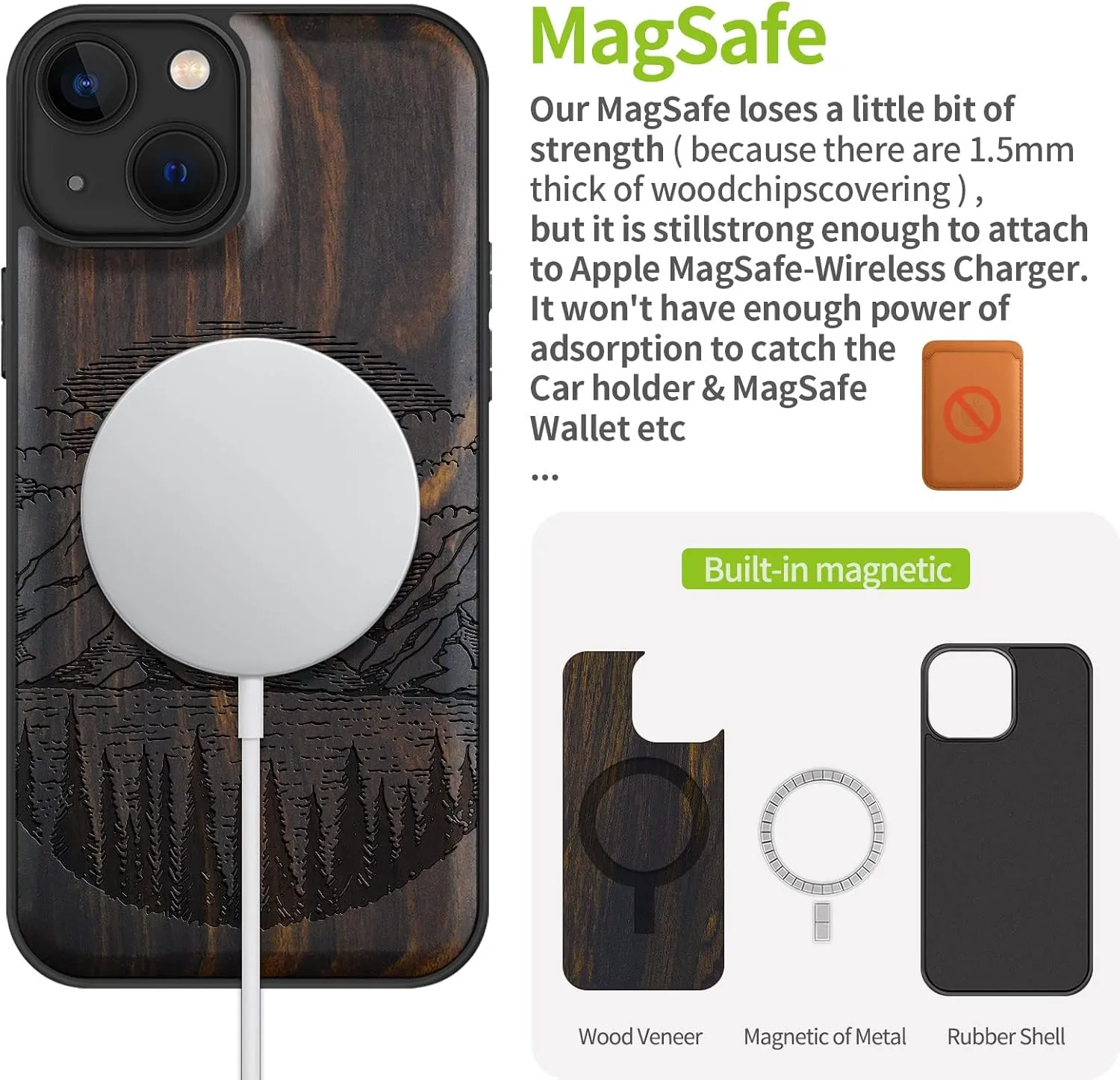 Carveit Magnetic Wood Case for iPhone 13 Case [Natural Wood & Black Soft TPU] Unique & Classy Wooden Shockproof Protective Cover Compatible with MagSafe (Alpine Lake Carving -Blackwood)