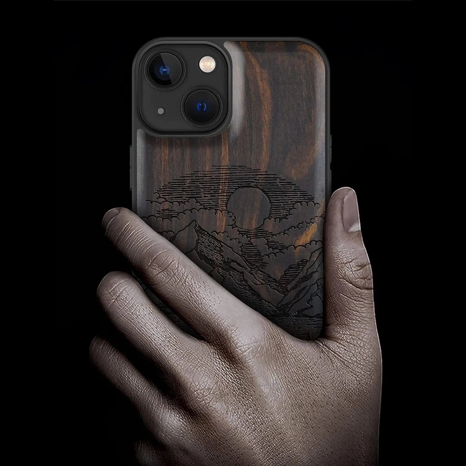 Carveit Magnetic Wood Case for iPhone 13 Case [Natural Wood & Black Soft TPU] Unique & Classy Wooden Shockproof Protective Cover Compatible with MagSafe (Alpine Lake Carving -Blackwood)