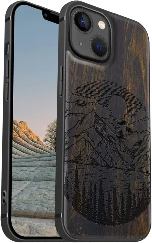 Carveit Magnetic Wood Case for iPhone 13 Case [Natural Wood & Black Soft TPU] Unique & Classy Wooden Shockproof Protective Cover Compatible with MagSafe (Alpine Lake Carving -Blackwood)