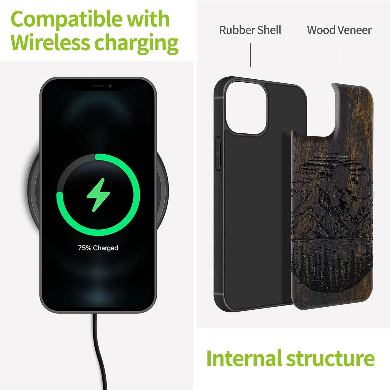 Carveit Magnetic Wood Case for iPhone 13 Case [Natural Wood & Black Soft TPU] Unique & Classy Wooden Shockproof Protective Cover Compatible with MagSafe (Alpine Lake Carving -Blackwood)