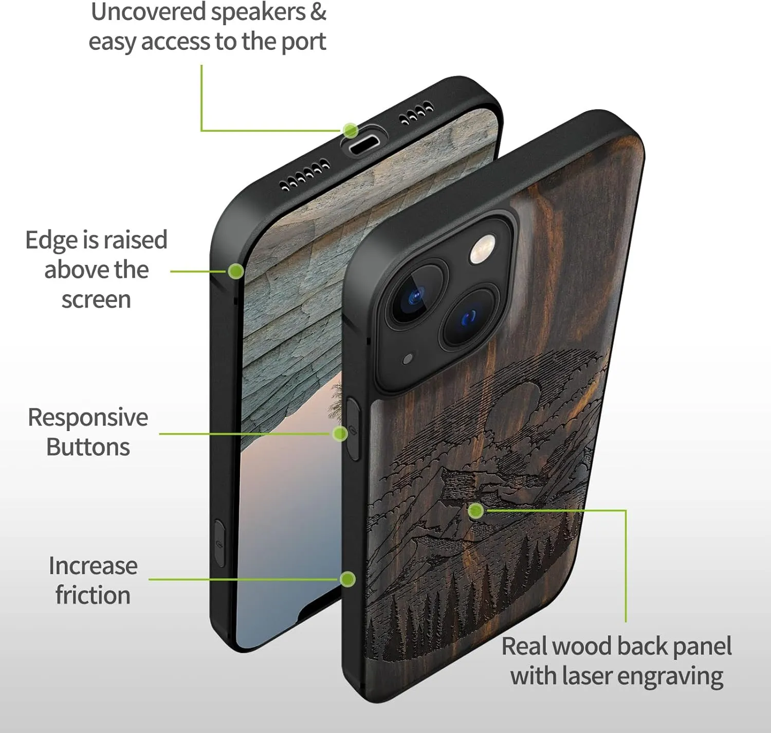 Carveit Magnetic Wood Case for iPhone 13 Case [Natural Wood & Black Soft TPU] Unique & Classy Wooden Shockproof Protective Cover Compatible with MagSafe (Alpine Lake Carving -Blackwood)