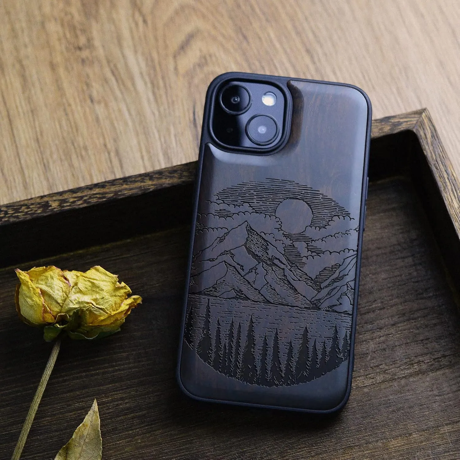 Carveit Magnetic Wood Case for iPhone 13 Case [Natural Wood & Black Soft TPU] Unique & Classy Wooden Shockproof Protective Cover Compatible with MagSafe (Alpine Lake Carving -Blackwood)