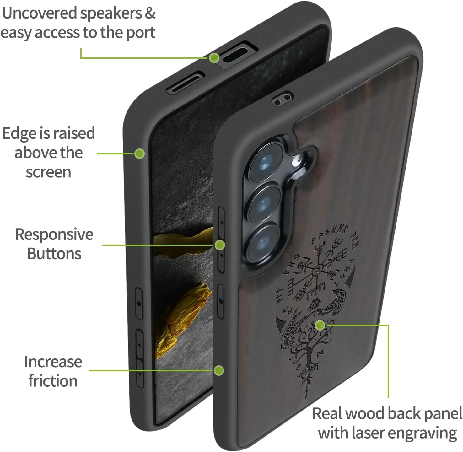 Carveit Wood Case for Galaxy S25 Case 2025 [Natural Wood & Black Soft TPU] Shockproof Protective Cover Unique Wooden Design Compatible with Samsung S25 (The Guiding Vegvisir-Blackwood)