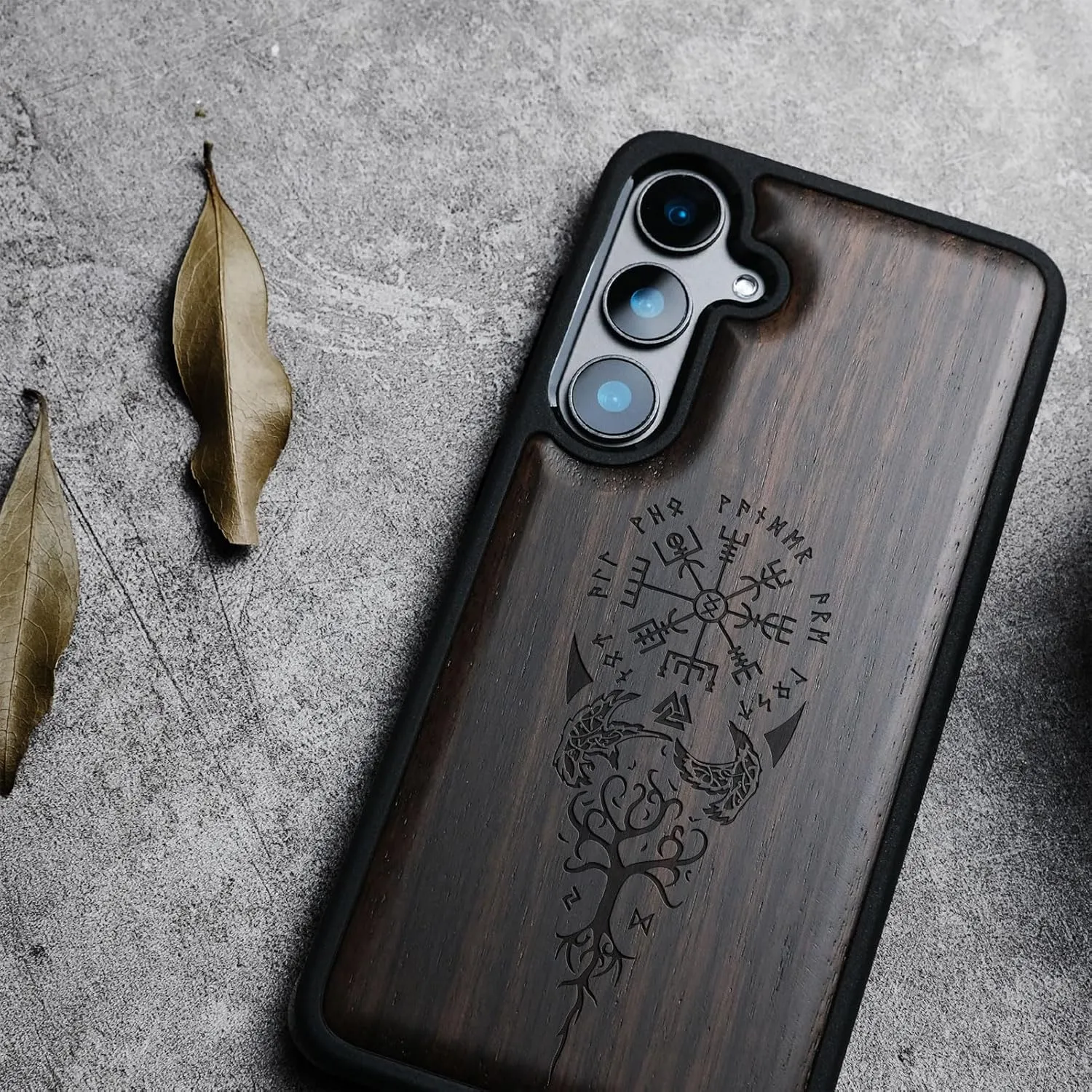 Carveit Wood Case for Galaxy S25 Case 2025 [Natural Wood & Black Soft TPU] Shockproof Protective Cover Unique Wooden Design Compatible with Samsung S25 (The Guiding Vegvisir-Blackwood)