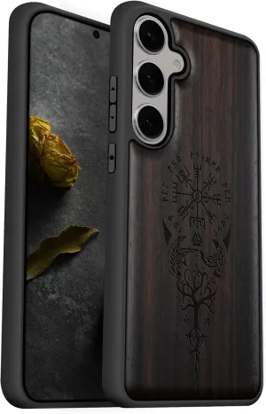 Carveit Wood Case for Galaxy S25 Case 2025 [Natural Wood & Black Soft TPU] Shockproof Protective Cover Unique Wooden Design Compatible with Samsung S25 (The Guiding Vegvisir-Blackwood)