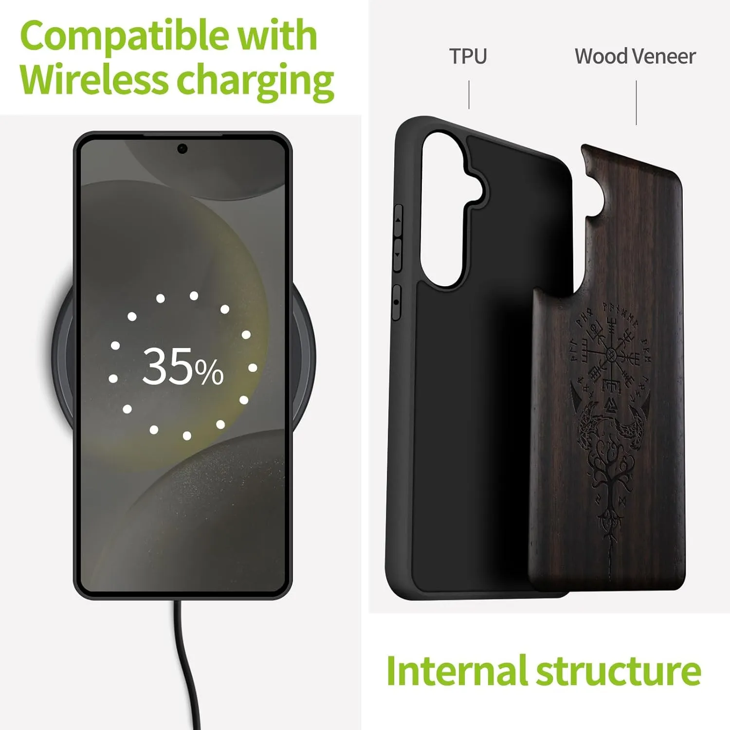 Carveit Wood Case for Galaxy S25 Case 2025 [Natural Wood & Black Soft TPU] Shockproof Protective Cover Unique Wooden Design Compatible with Samsung S25 (The Guiding Vegvisir-Blackwood)