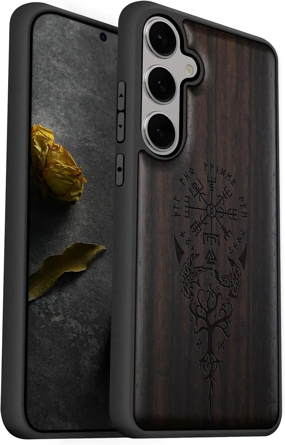 Carveit Wood Case for Galaxy S25 Case 2025 [Natural Wood & Black Soft TPU] Shockproof Protective Cover Unique Wooden Design Compatible with Samsung S25 (The Guiding Vegvisir-Blackwood)