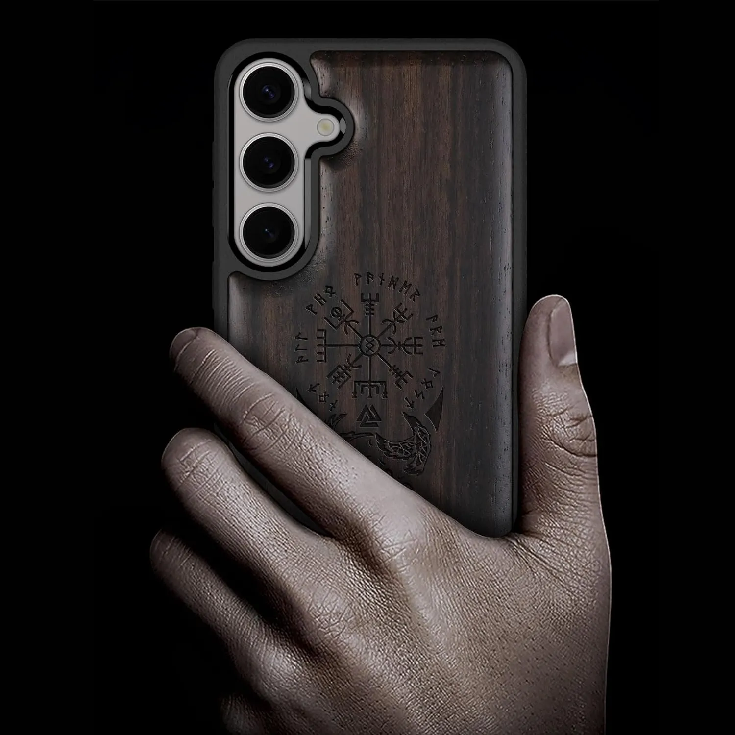 Carveit Wood Case for Galaxy S25 Case 2025 [Natural Wood & Black Soft TPU] Shockproof Protective Cover Unique Wooden Design Compatible with Samsung S25 (The Guiding Vegvisir-Blackwood)