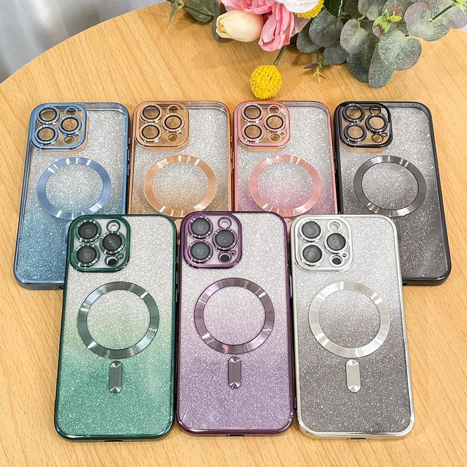 Case Fit for iPhone 16 Pro Max (Compatible with MagSafe) Glitter Bling Case with Camera Lens Protector Soft TPU Shockproof Protection Anti-Scratch Magnetic Phone Cover for Women - Silver