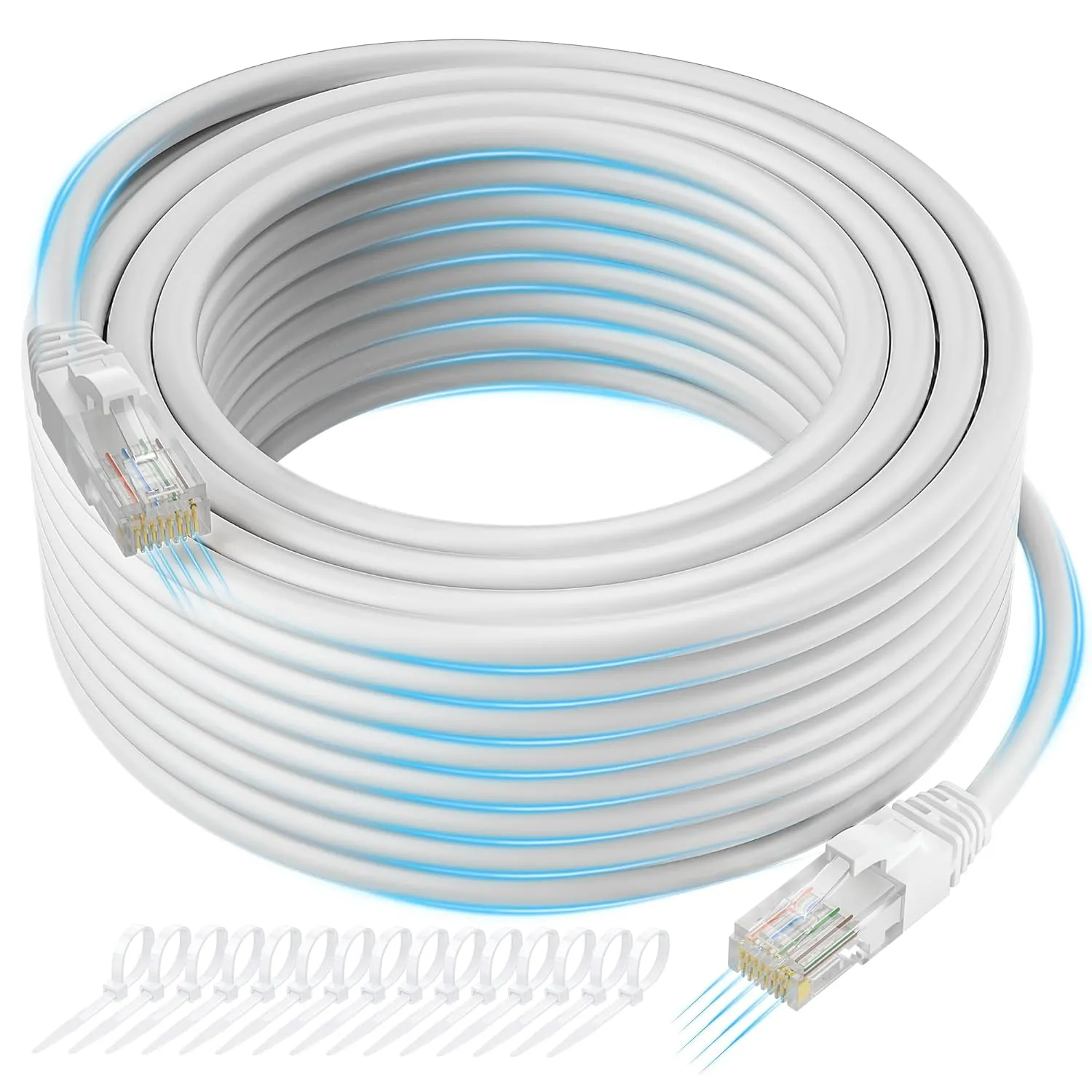 Cat 6 Ethernet Cable 125 FT, Long High Speed Cat6 Internet Cable, White Snagless Patch Cord, Flexible, Network, LAN, PoE, Standard RJ45 Connector for PC, Server, Router, Modem, TV, PS5 - with 15 Ties