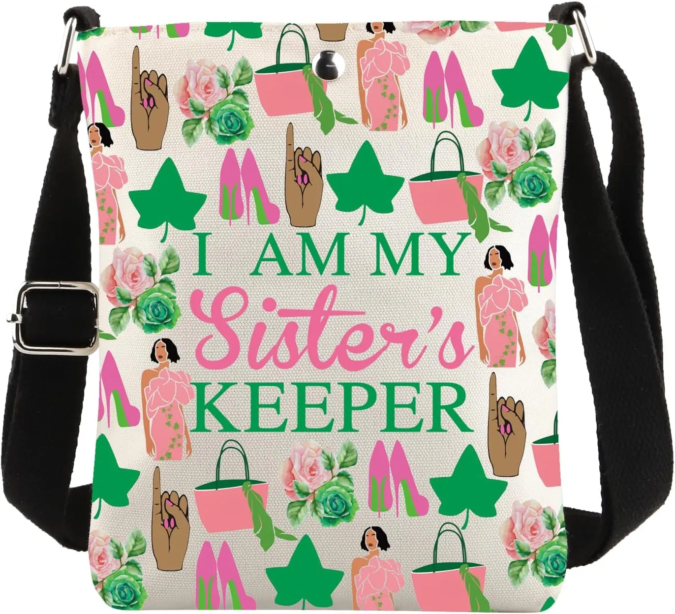 CENWA Sorority Cross Body Bag Pink & Green Gift I Am My Sister’s Keeper Greek Sorority Carry-on Bag