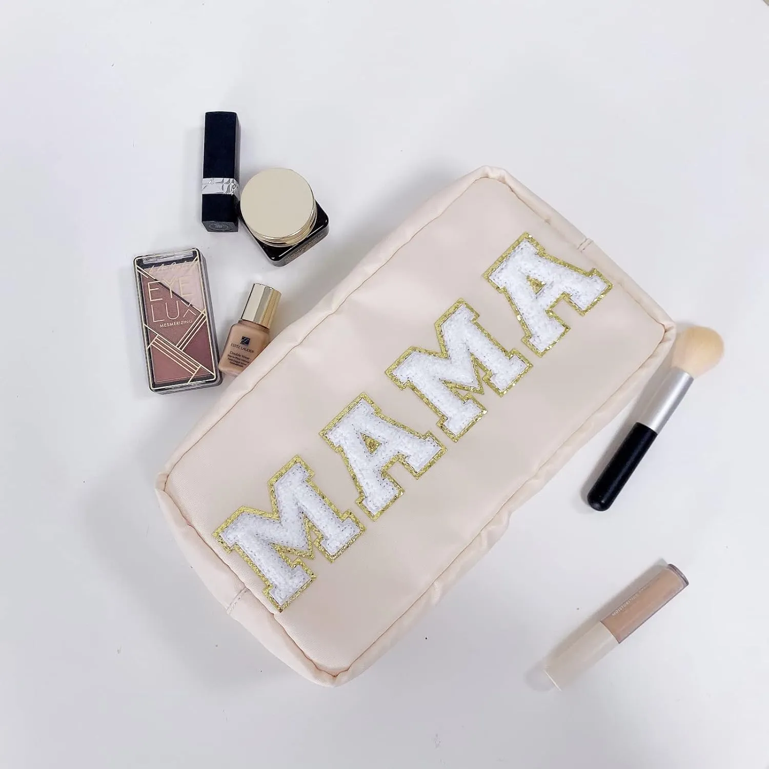 Chenille Letter Bag Mama Gift Makeup Bag Nylon Cosmetic Bag with Varsity Patch Makeup Pouch Bag Gift Toiletry Bag For Travel