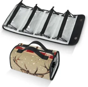 Christmas Elk Travel Toiletry Bag for Women, 4 in 1 Roll Up Makeup Cosmetic Bag With 4 Removable PVC Zipper Pouch