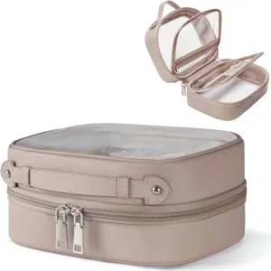 Clear Cosmetic Bag Double Layer 4 Compartments Travel Toiletry Bag Clear Makeup Bag Case with Zipper Transparent Travel Bag for Toiletries, TSA Approved, Gift for Women Girls (Stone)