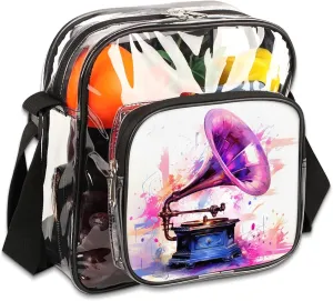 Clear Crossbody Bag Stadium Approved Music Transparent Bag for Festivals, Sports Events, Concerts,Beach Bag for Women Men Phonograph Clear Purse with Front Pocket Messenger Bag with Adjustable Strap