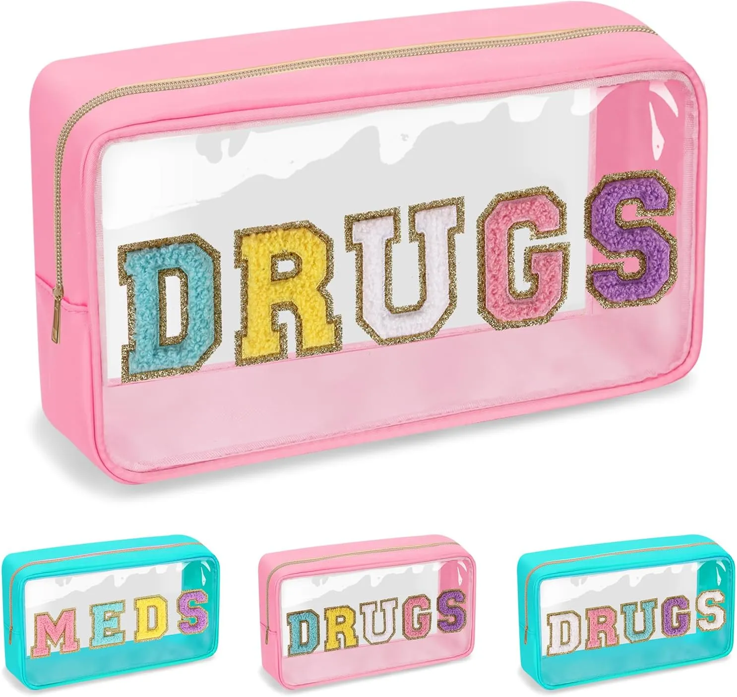 Clear Letter Patch Medicine Bag Drugs Pouch with Zipper, Travel Portable Cosmetic Makeup Bag for Women Girls, Waterproof Nylon PVC Toiletry Meds Storage Case Chenille Letter Stadium Bag(Pink, DRUGS)