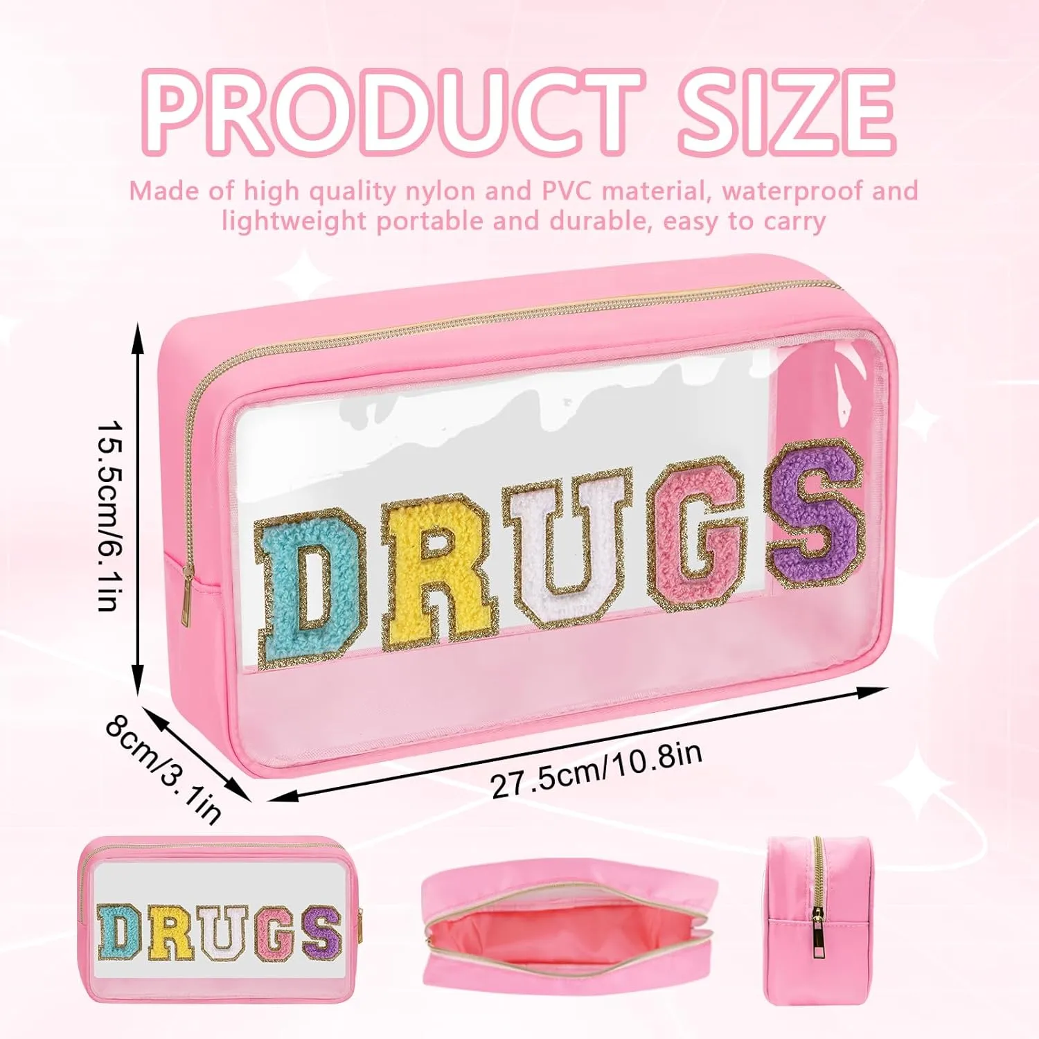 Clear Letter Patch Medicine Bag Drugs Pouch with Zipper, Travel Portable Cosmetic Makeup Bag for Women Girls, Waterproof Nylon PVC Toiletry Meds Storage Case Chenille Letter Stadium Bag(Pink, DRUGS)