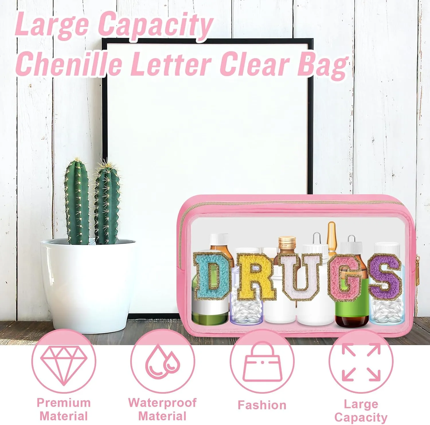 Clear Letter Patch Medicine Bag Drugs Pouch with Zipper, Travel Portable Cosmetic Makeup Bag for Women Girls, Waterproof Nylon PVC Toiletry Meds Storage Case Chenille Letter Stadium Bag(Pink, DRUGS)