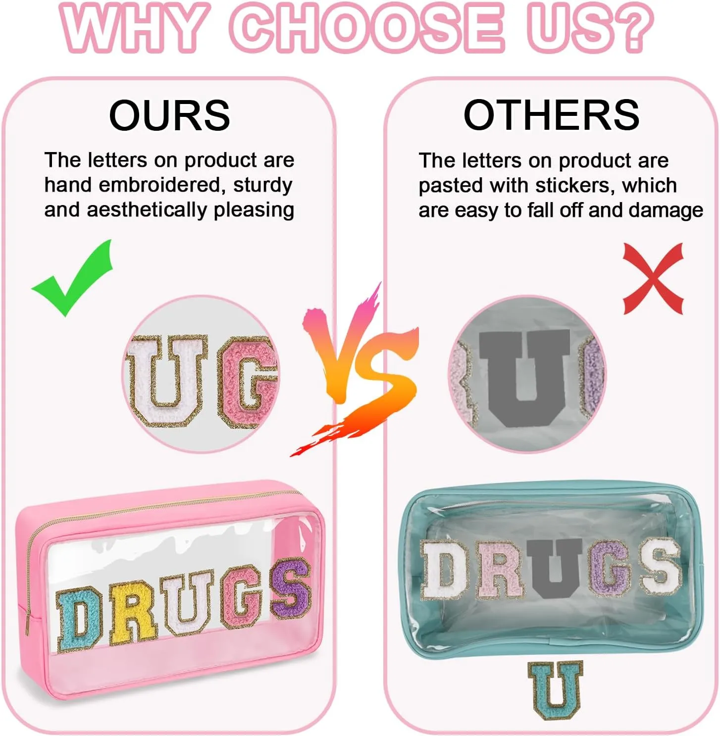 Clear Letter Patch Medicine Bag Drugs Pouch with Zipper, Travel Portable Cosmetic Makeup Bag for Women Girls, Waterproof Nylon PVC Toiletry Meds Storage Case Chenille Letter Stadium Bag(Pink, DRUGS)
