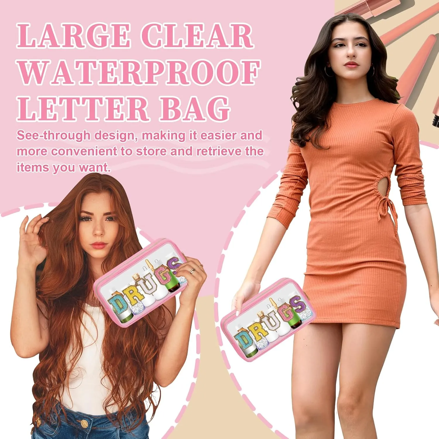 Clear Letter Patch Medicine Bag Drugs Pouch with Zipper, Travel Portable Cosmetic Makeup Bag for Women Girls, Waterproof Nylon PVC Toiletry Meds Storage Case Chenille Letter Stadium Bag(Pink, DRUGS)