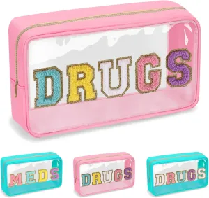 Clear Letter Patch Medicine Bag Drugs Pouch with Zipper, Travel Portable Cosmetic Makeup Bag for Women Girls, Waterproof Nylon PVC Toiletry Meds Storage Case Chenille Letter Stadium Bag(Pink, DRUGS)