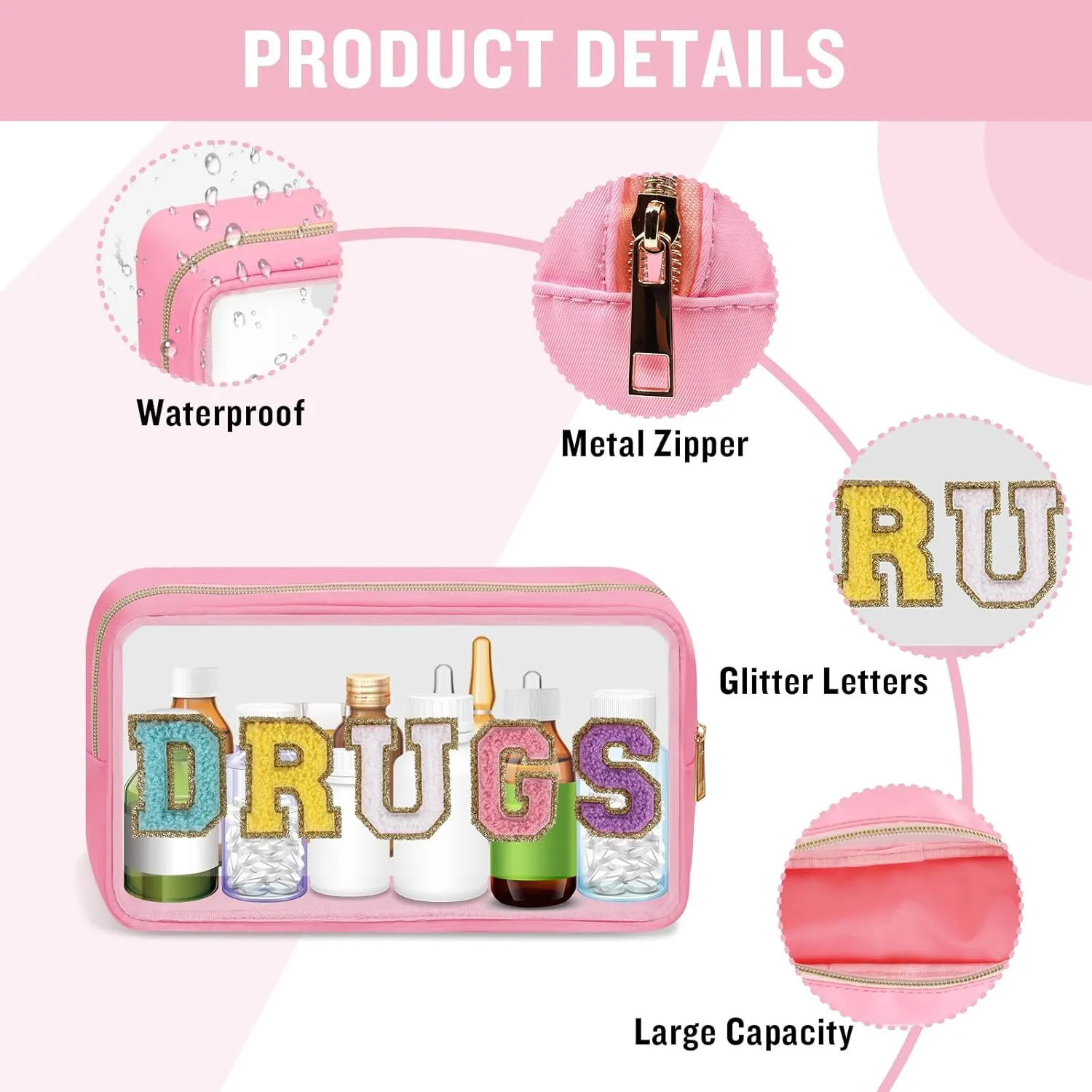Clear Letter Patch Medicine Bag Drugs Pouch with Zipper, Travel Portable Cosmetic Makeup Bag for Women Girls, Waterproof Nylon PVC Toiletry Meds Storage Case Chenille Letter Stadium Bag(Pink, DRUGS)