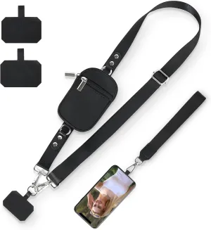 Clip and Go Strap for Phone with Wallet Crossbody,Phone Lanyard with Zipper Wallet Adjustable and Detachable Phone Strap Compatible with All Phones, Black