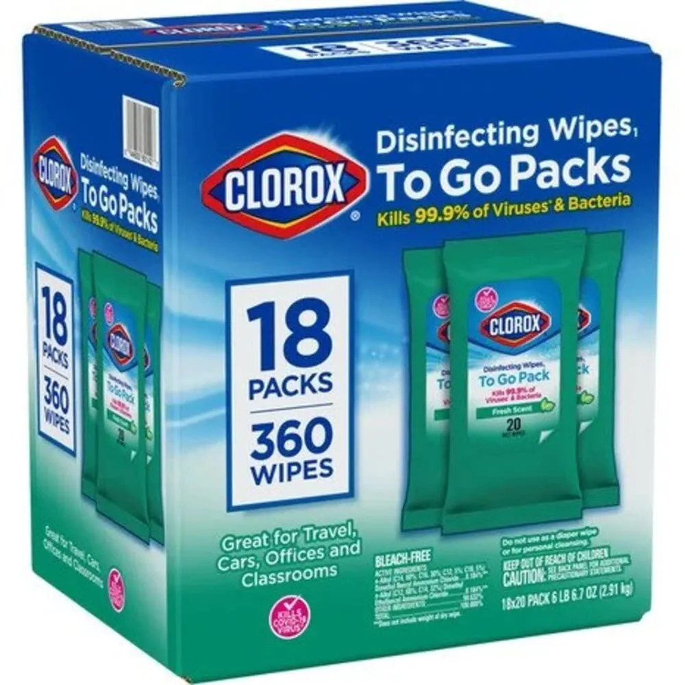 Clorox Disinfecting On The Go Travel Wipes, Fresh Scent, 20 Count, Pack of 18-360 Wipes Total