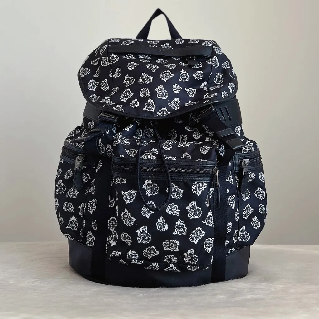 Coach Black Leather Floral Print Patchwork Large Backpack Excellent