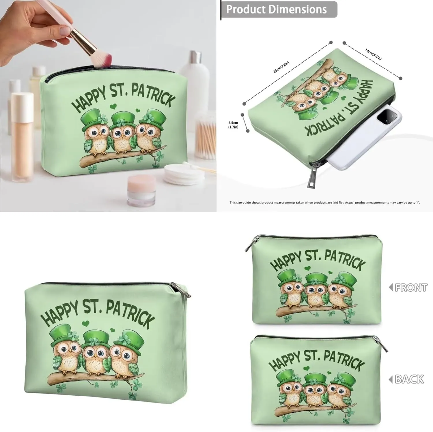 COEQINE 3 Pieces Makeup Bag Set For Women Cute Patty'S Day Owl Portable Makeup Bag for Purse With Compartment Big Makeup Bag Cosmetic Case Leather Coin Purse With Zipper