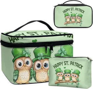 COEQINE 3 Pieces Makeup Bag Set For Women Cute Patty'S Day Owl Portable Makeup Bag for Purse With Compartment Big Makeup Bag Cosmetic Case Leather Coin Purse With Zipper