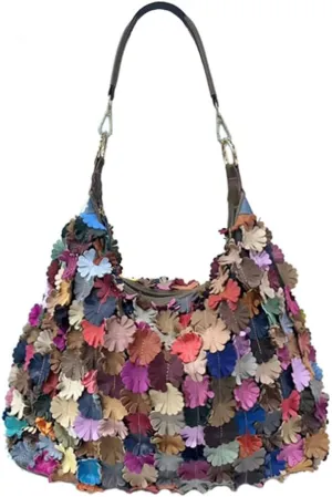 Colorful Spliced Hobo Purse for Women 3D Multicolored Flower Shoulder Handbag Genuine Leather Retro Christmas Satchel