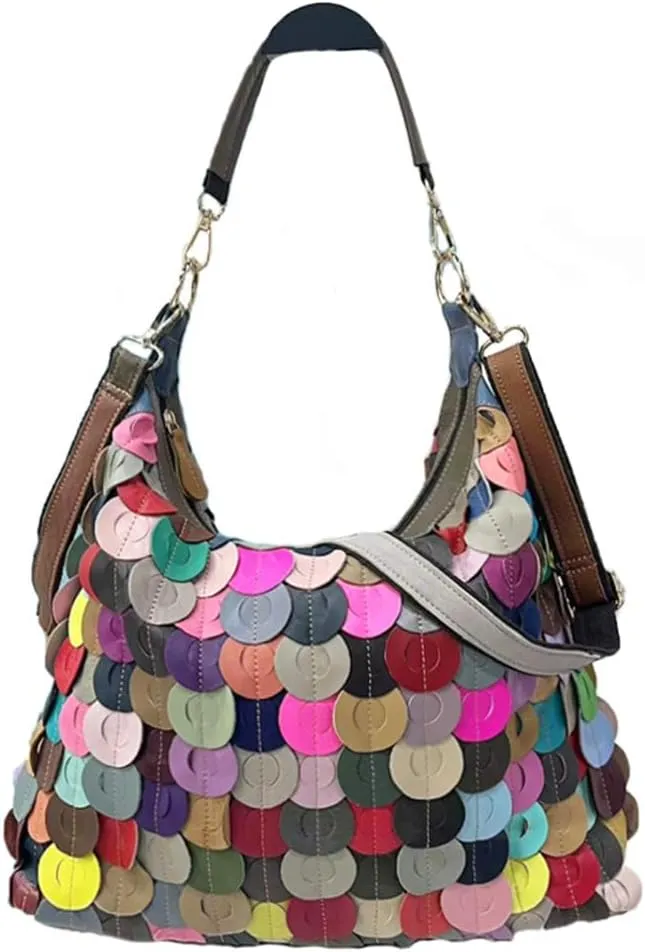 Colorful Spliced Hobo Purse for Women 3D Multicolored Flower Shoulder Handbag Genuine Leather Retro Christmas Satchel
