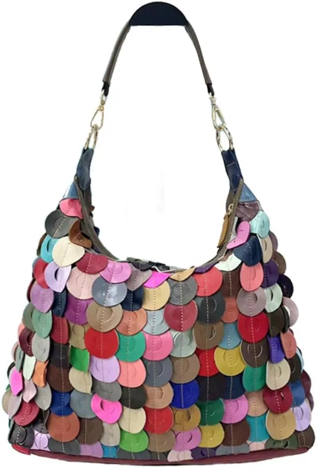 Colorful Spliced Hobo Purse for Women 3D Multicolored Flower Shoulder Handbag Genuine Leather Retro Christmas Satchel