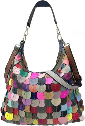 Colorful Spliced Hobo Purse for Women 3D Multicolored Flower Shoulder Handbag Genuine Leather Retro Christmas Satchel
