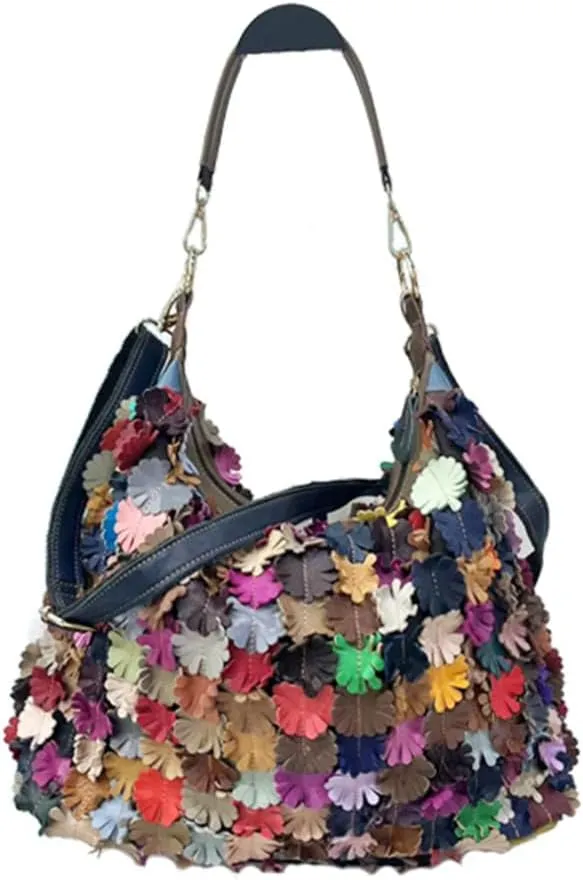 Colorful Spliced Hobo Purse for Women 3D Multicolored Flower Shoulder Handbag Genuine Leather Retro Christmas Satchel