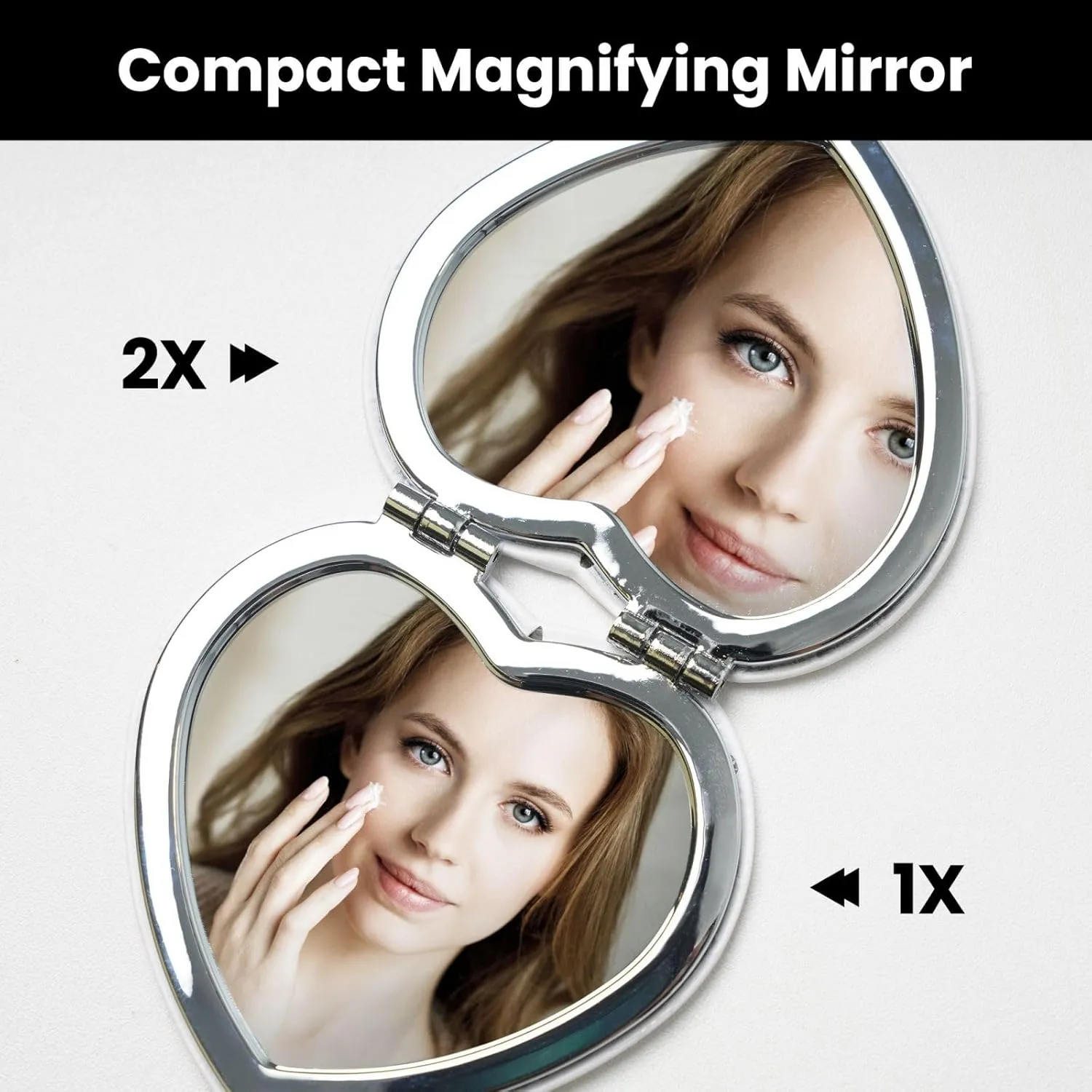 Compact Mirror Double Sided Printed Heart Shape Folding Handheld Small Pocket Mirror with 2X 1X Magnification for Purse Travel Essentials Gifts for Women (Black White Tan Zigzag)