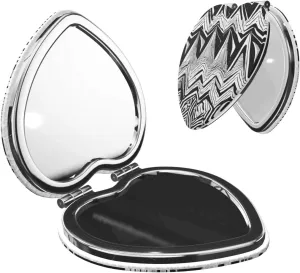 Compact Mirror Double Sided Printed Heart Shape Folding Handheld Small Pocket Mirror with 2X 1X Magnification for Purse Travel Essentials Gifts for Women (Black White Tan Zigzag)