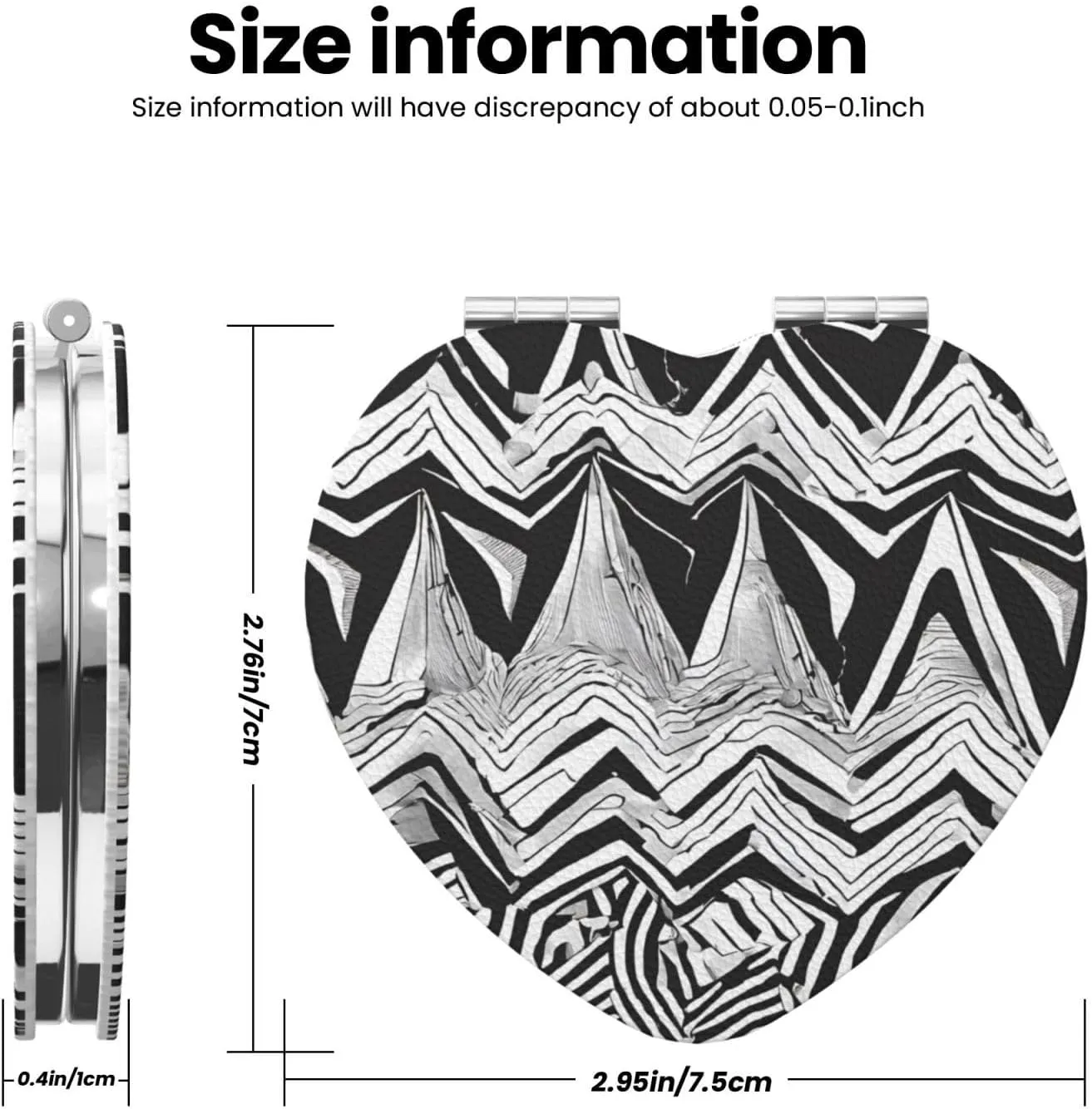Compact Mirror Double Sided Printed Heart Shape Folding Handheld Small Pocket Mirror with 2X 1X Magnification for Purse Travel Essentials Gifts for Women (Black White Tan Zigzag)