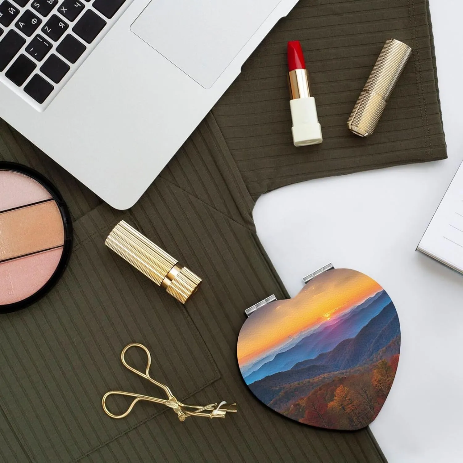 Compact Mirror Double Sided Printed Heart Shape Folding Handheld Small Pocket Mirror with 2X 1X Magnification for Purse Travel Essentials Gifts for Women (Blue Ridge Parkway Mountains)