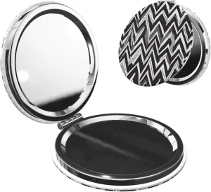 Compact Mirror Double Sided Printed Round Shape Folding Handheld Small Pocket Mirror with 2X 1X Magnification for Purse Travel Essentials Gifts for Women (Black White Tan Zigzag Print)
