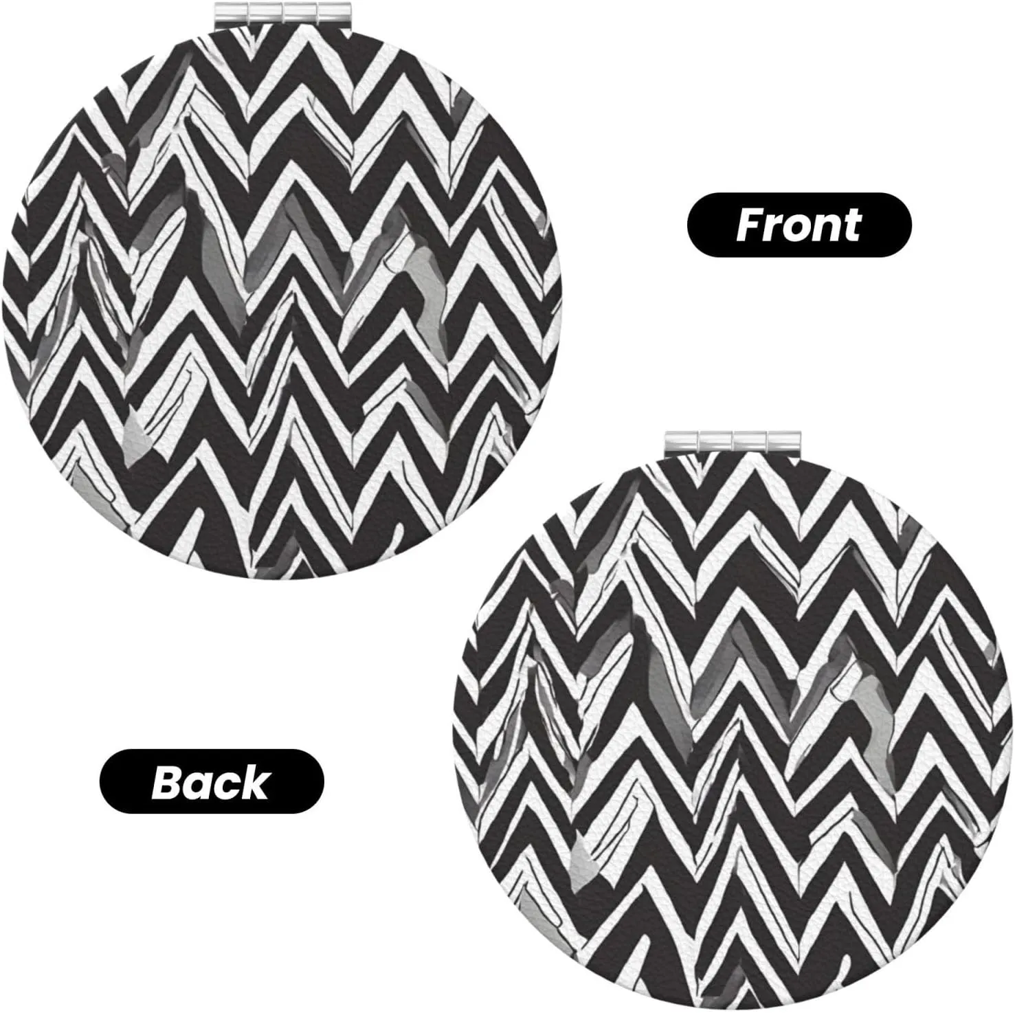 Compact Mirror Double Sided Printed Round Shape Folding Handheld Small Pocket Mirror with 2X 1X Magnification for Purse Travel Essentials Gifts for Women (Black White Tan Zigzag Print)