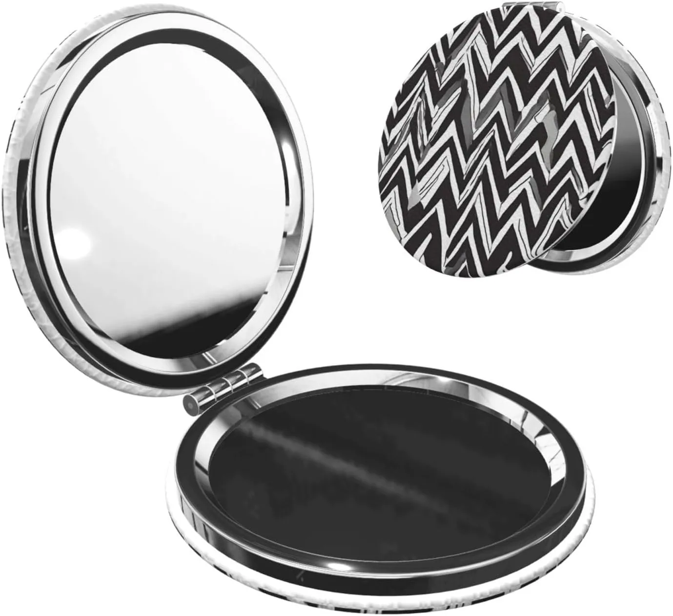 Compact Mirror Double Sided Printed Round Shape Folding Handheld Small Pocket Mirror with 2X 1X Magnification for Purse Travel Essentials Gifts for Women (Black White Tan Zigzag Print)