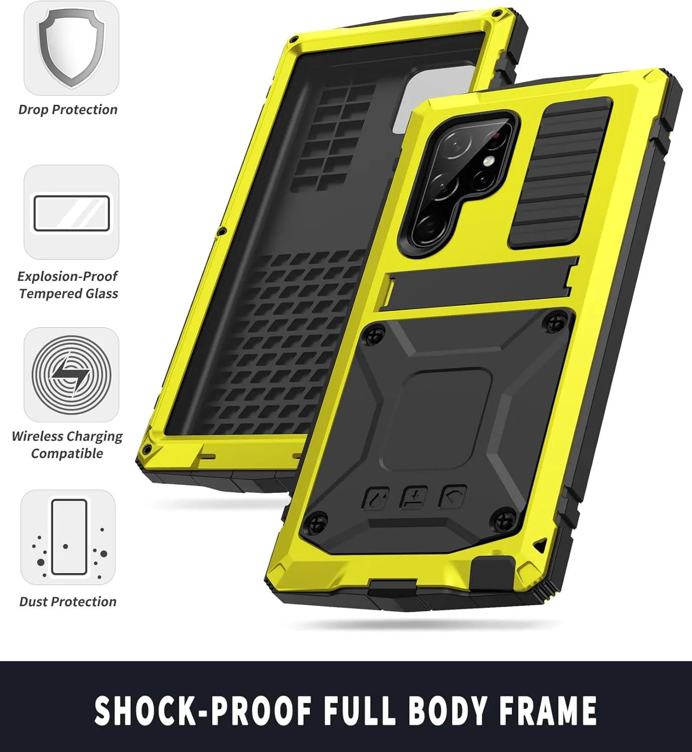Compatible with Samsung S23 Ultra Metal Case with Screen Protector Camera Cover Military Rugged Heavy Duty S23 Ultra Case Metal Kickstand Full Body Tough Dustproof Shockproof Cover (Yellow)