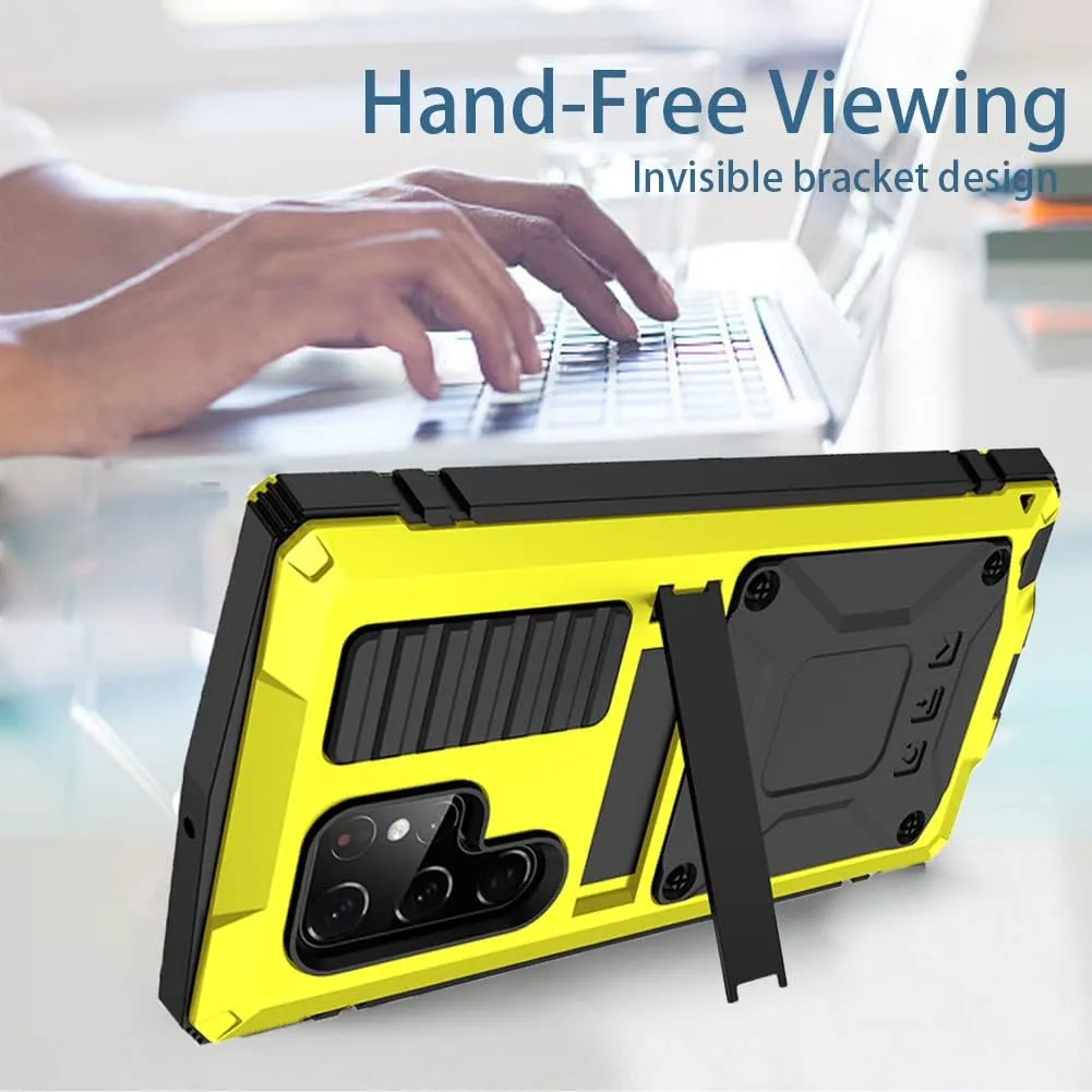 Compatible with Samsung S23 Ultra Metal Case with Screen Protector Camera Cover Military Rugged Heavy Duty S23 Ultra Case Metal Kickstand Full Body Tough Dustproof Shockproof Cover (Yellow)
