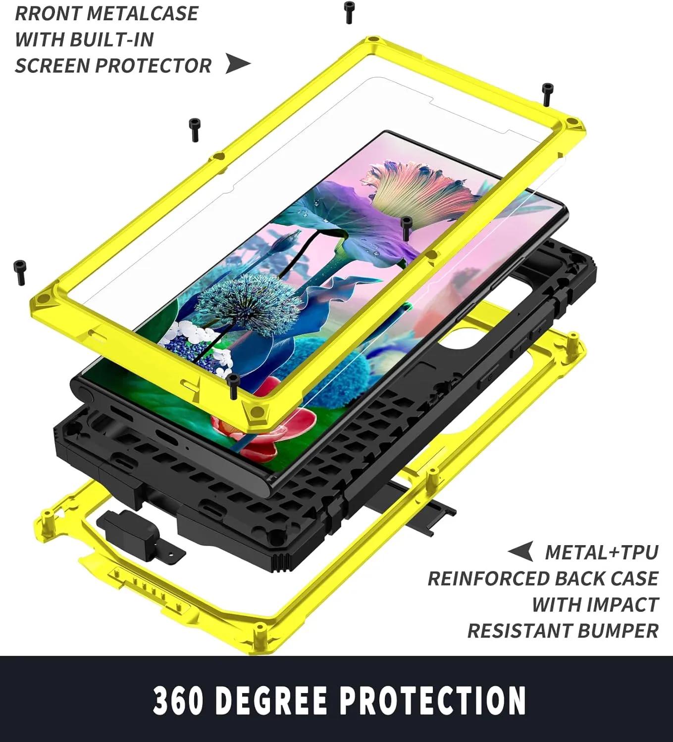 Compatible with Samsung S23 Ultra Metal Case with Screen Protector Camera Cover Military Rugged Heavy Duty S23 Ultra Case Metal Kickstand Full Body Tough Dustproof Shockproof Cover (Yellow)