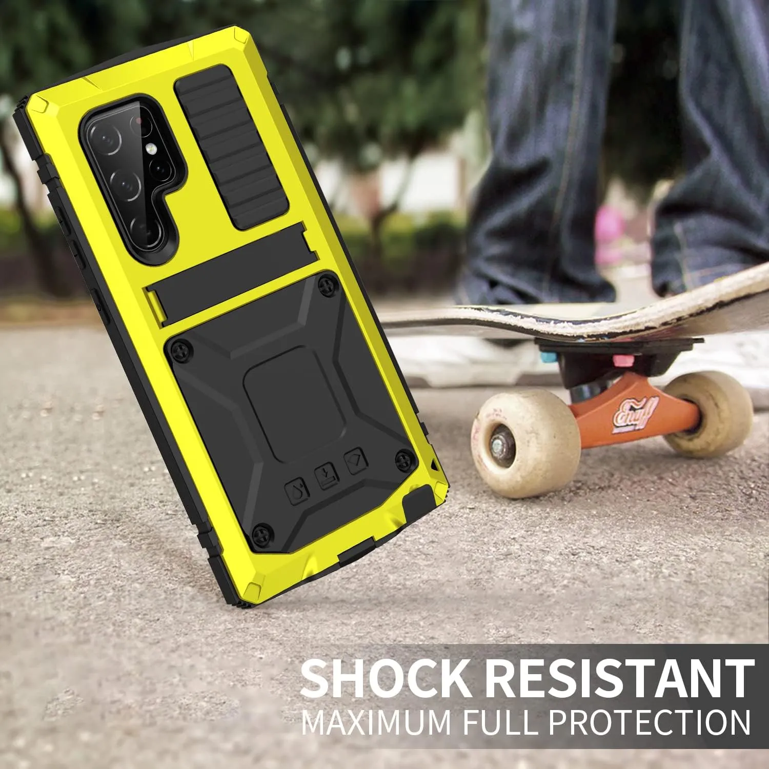 Compatible with Samsung S23 Ultra Metal Case with Screen Protector Camera Cover Military Rugged Heavy Duty S23 Ultra Case Metal Kickstand Full Body Tough Dustproof Shockproof Cover (Yellow)