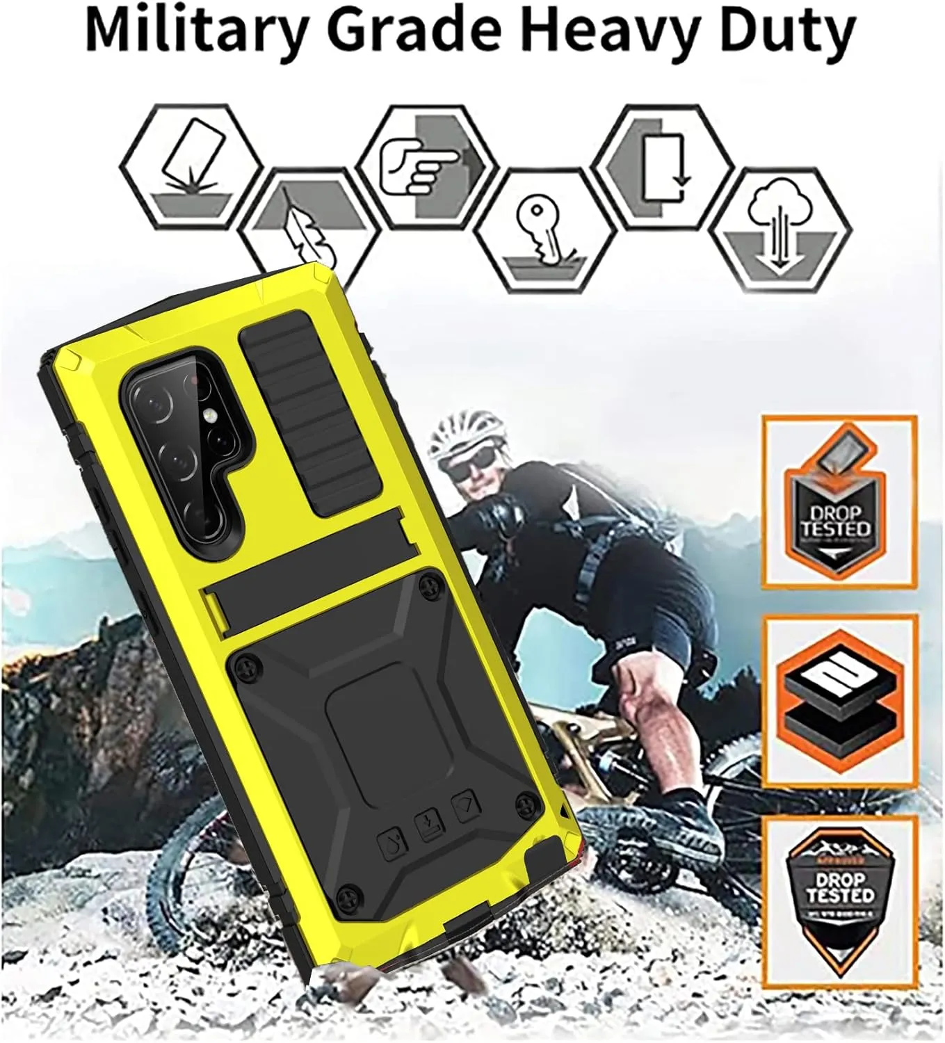 Compatible with Samsung S23 Ultra Metal Case with Screen Protector Camera Cover Military Rugged Heavy Duty S23 Ultra Case Metal Kickstand Full Body Tough Dustproof Shockproof Cover (Yellow)