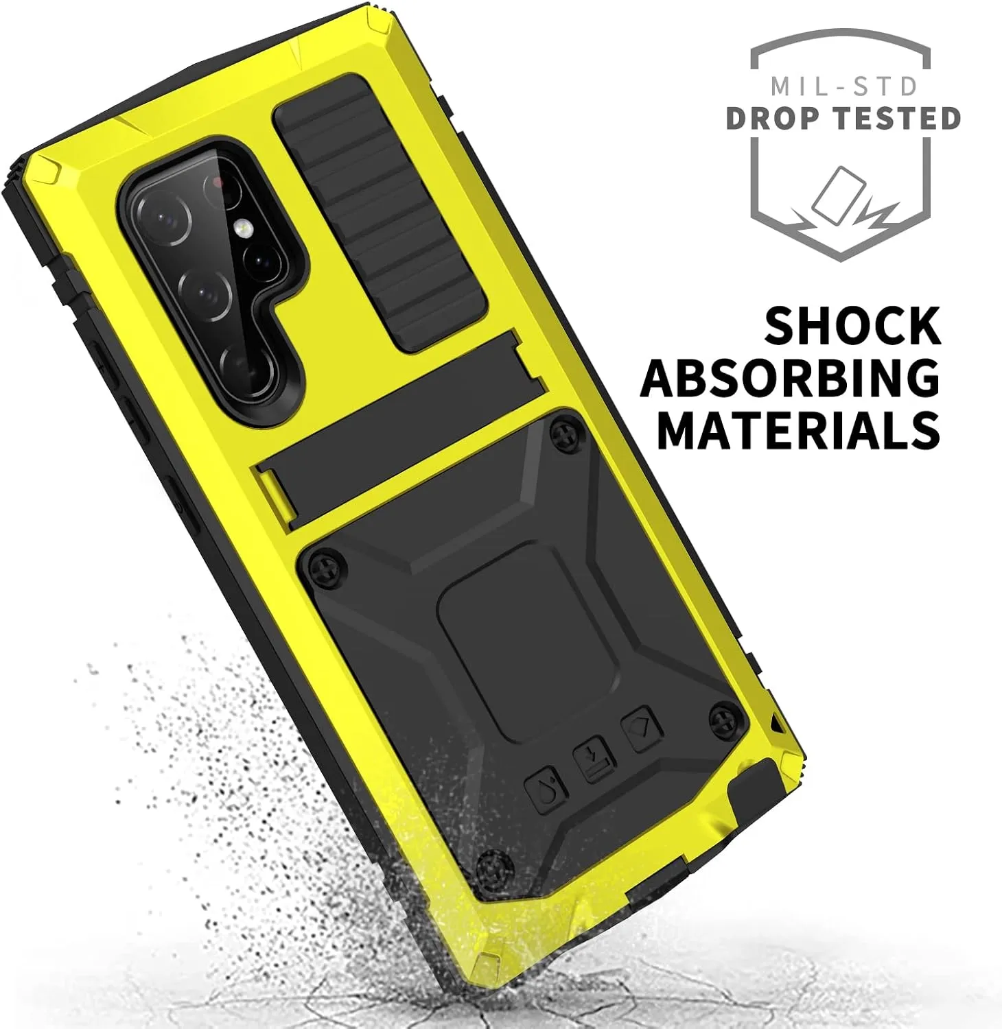 Compatible with Samsung S23 Ultra Metal Case with Screen Protector Camera Cover Military Rugged Heavy Duty S23 Ultra Case Metal Kickstand Full Body Tough Dustproof Shockproof Cover (Yellow)
