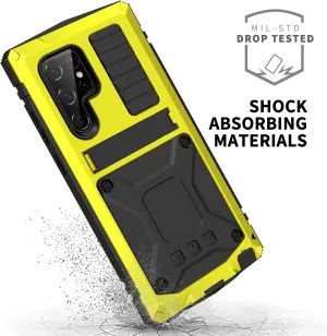 Compatible with Samsung S23 Ultra Metal Case with Screen Protector Camera Cover Military Rugged Heavy Duty S23 Ultra Case Metal Kickstand Full Body Tough Dustproof Shockproof Cover (Yellow)